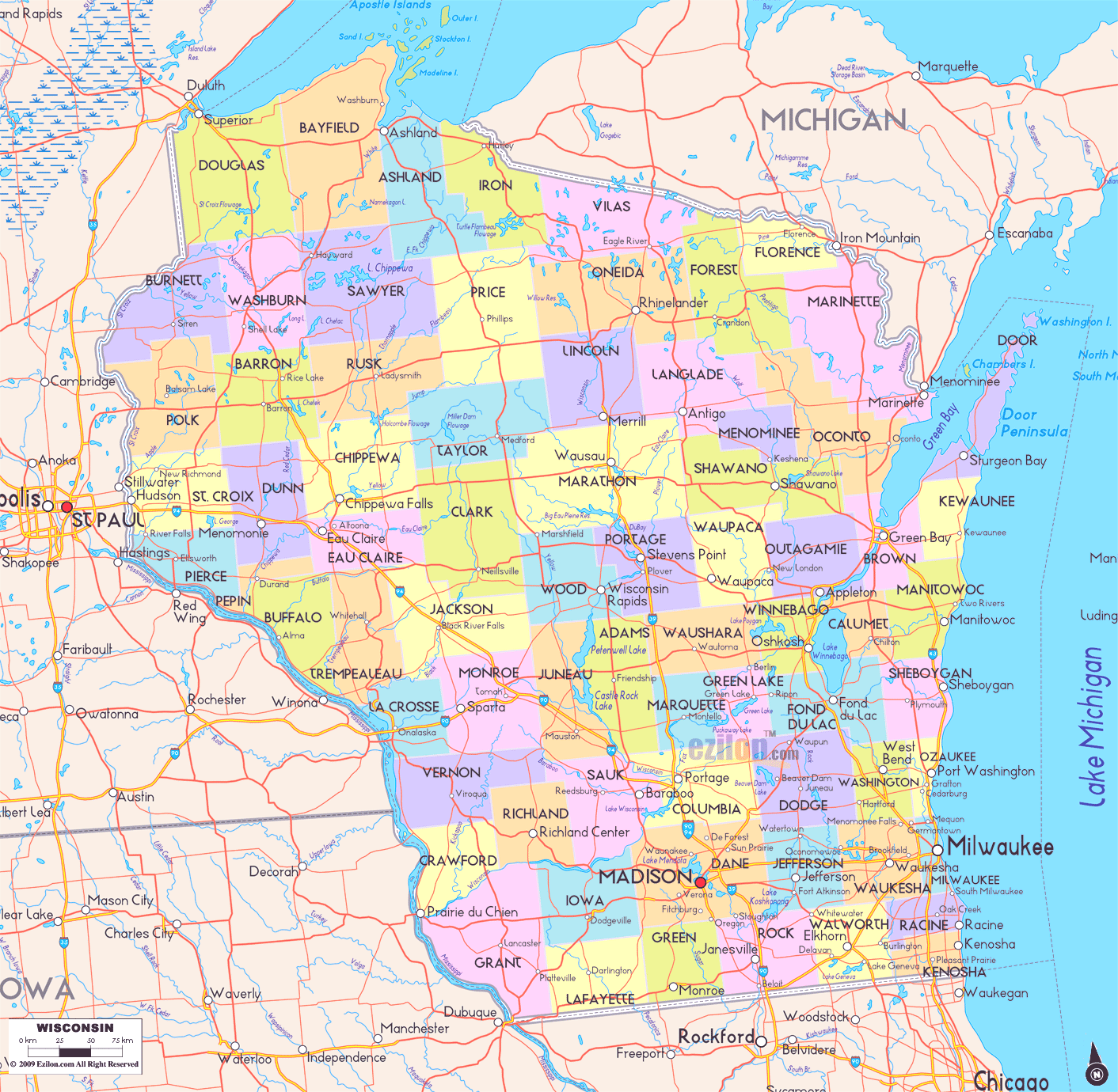 Detailed Map Of Wisconsin Counties